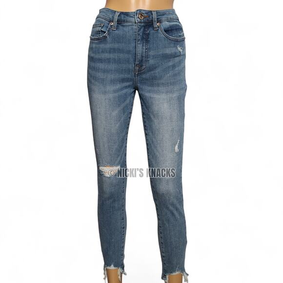 Cosmic Blue Love High Rise Distressed Ankle Skinny Jeans Frayed Hem Size 28P - Picture 3 of 12